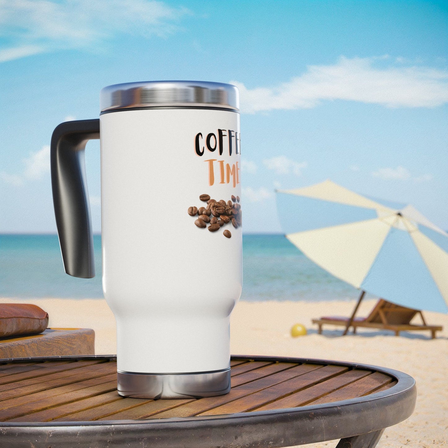 Coffee Time / Stainless Steel Travel Mug with Handle, 14oz