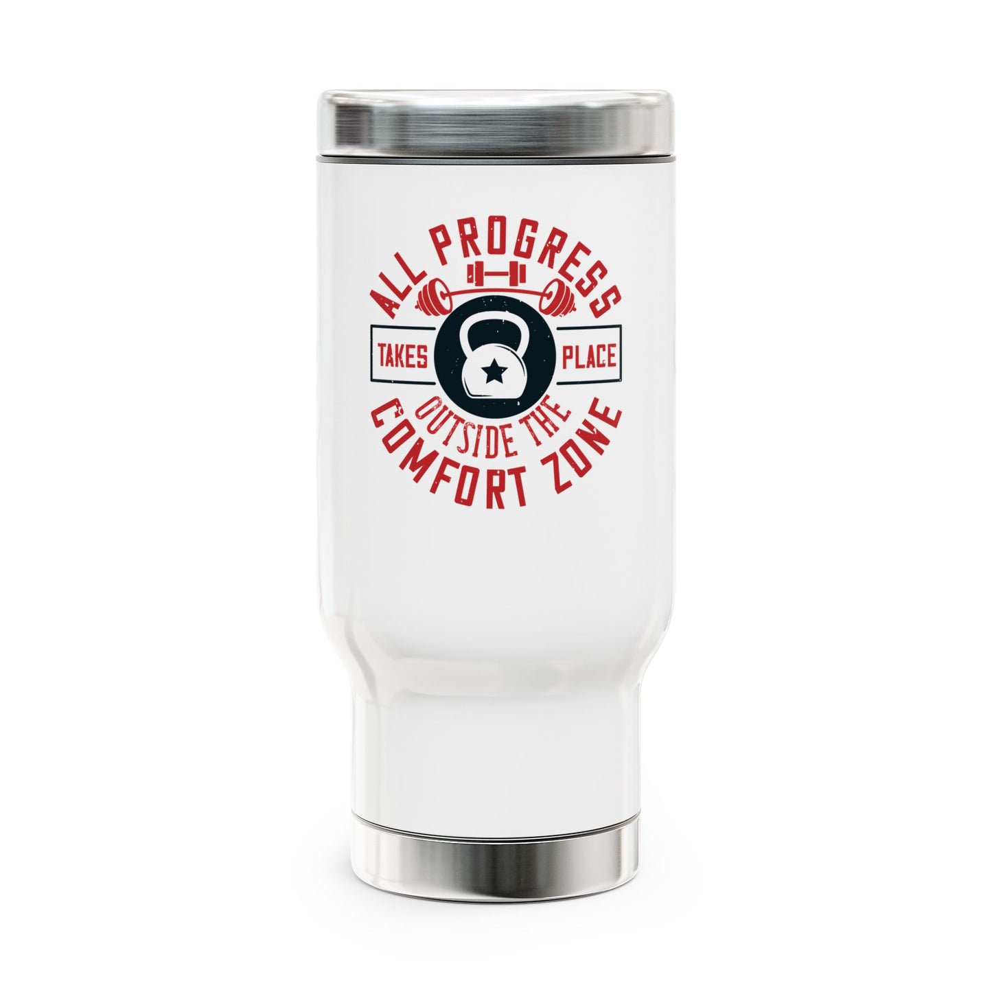 All progress takes place outside the comfort zone / Stainless Steel Travel Mug with Handle, 14oz