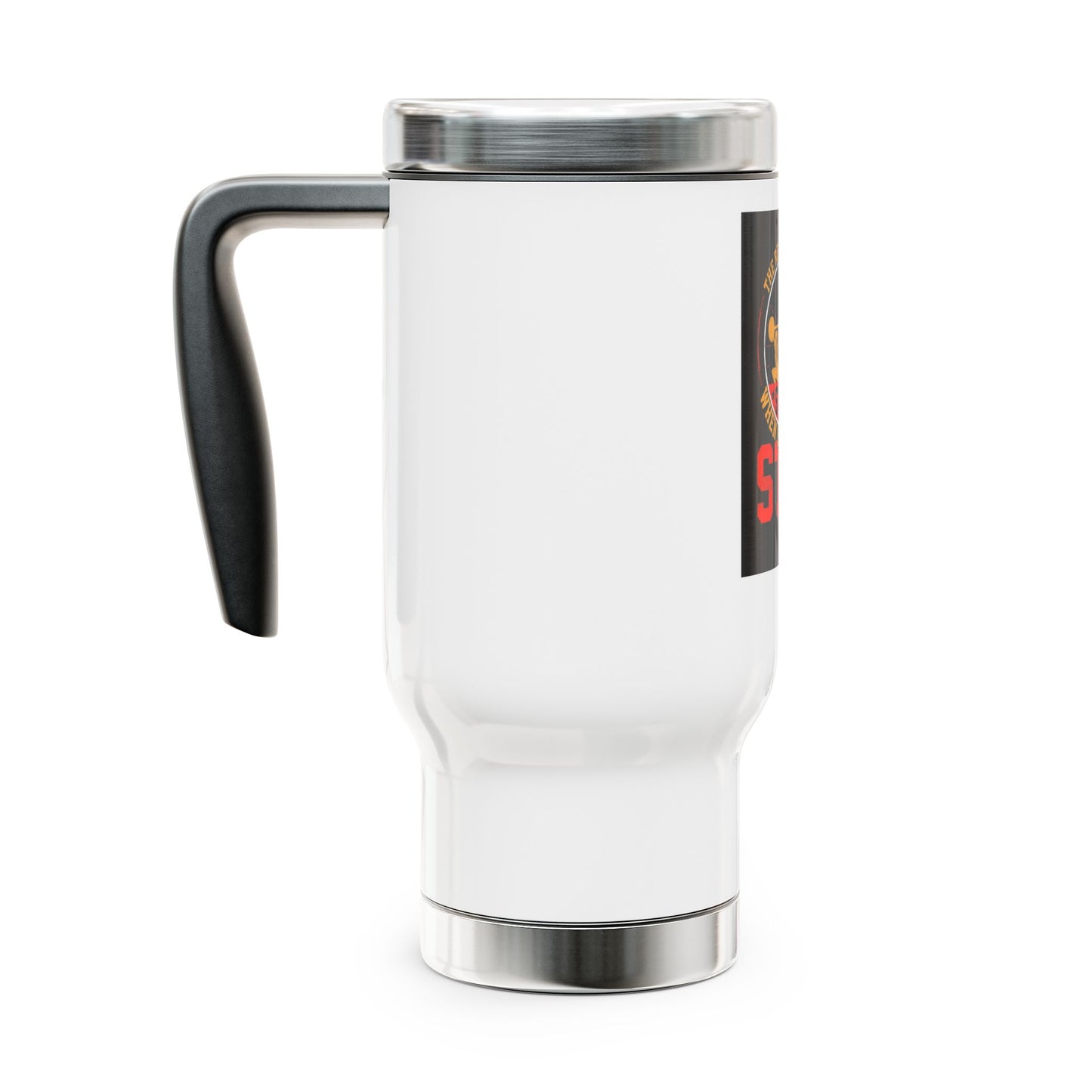 The real workout starts when... / Stainless Steel Travel Mug with Handle, 14oz