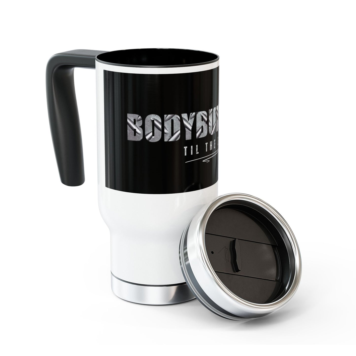 Bodybuilding til the end / Stainless Steel Travel Mug with Handle, 14oz