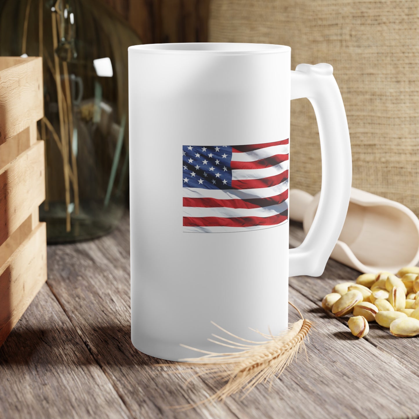 USA Flag / Frosted Glass Beer Mug 16 oz
