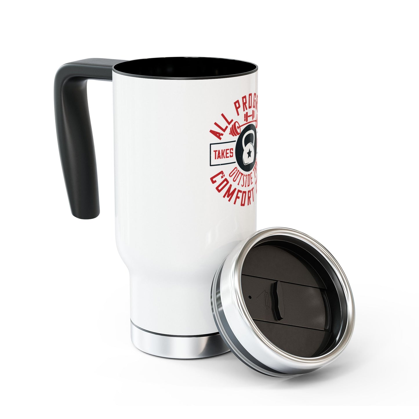 All progress takes place outside the comfort zone / Stainless Steel Travel Mug with Handle, 14oz