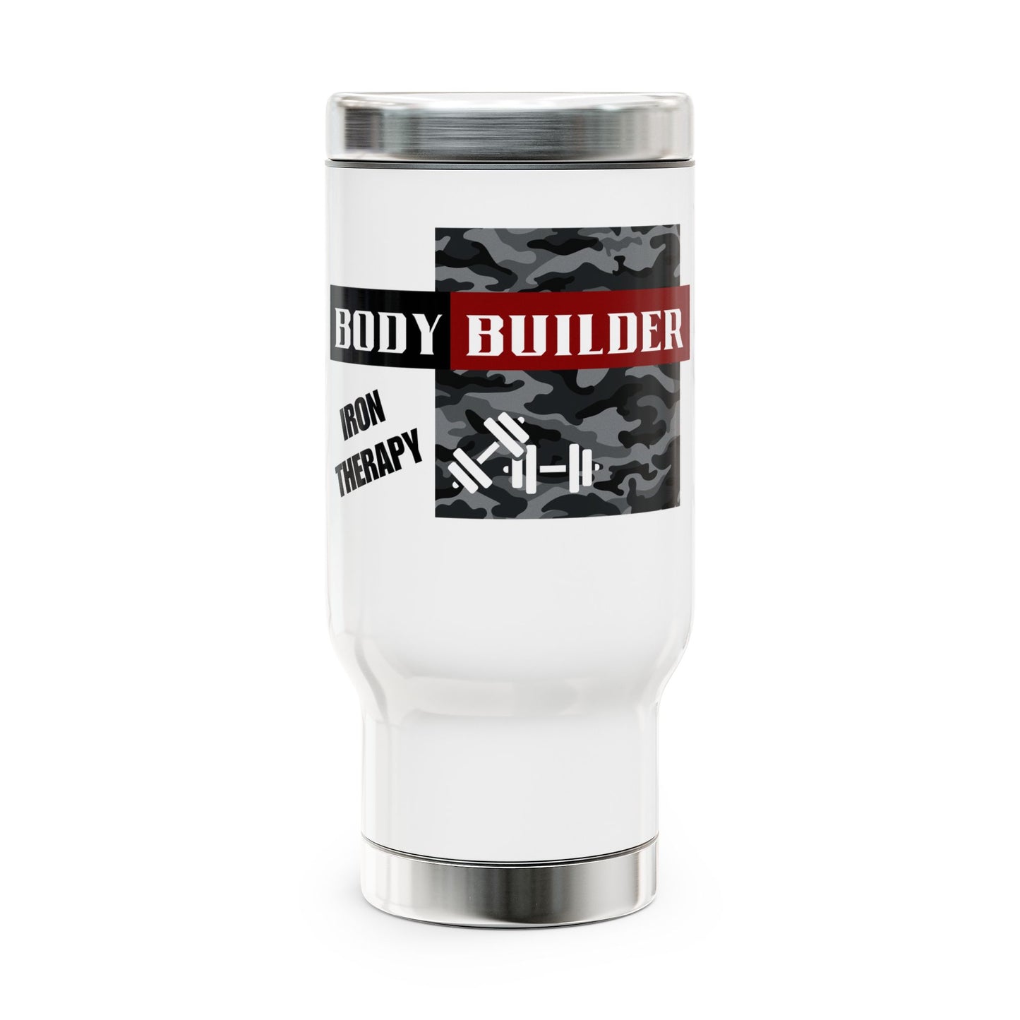 Bodybuilder / Iron Therapy / Stainless Steel Travel Mug with Handle, 14oz