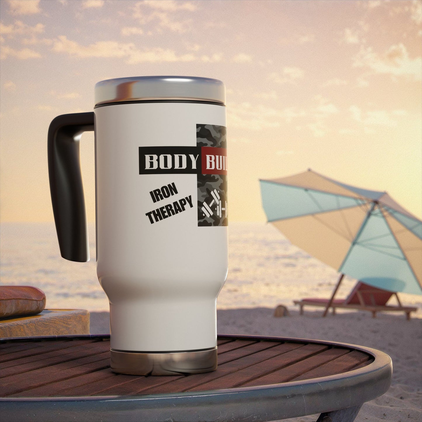 Bodybuilder / Iron Therapy / Stainless Steel Travel Mug with Handle, 14oz