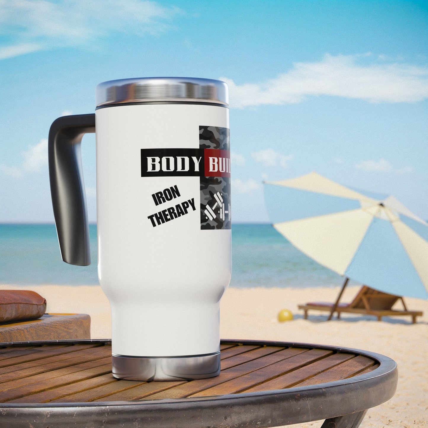 Bodybuilder / Iron Therapy / Stainless Steel Travel Mug with Handle, 14oz