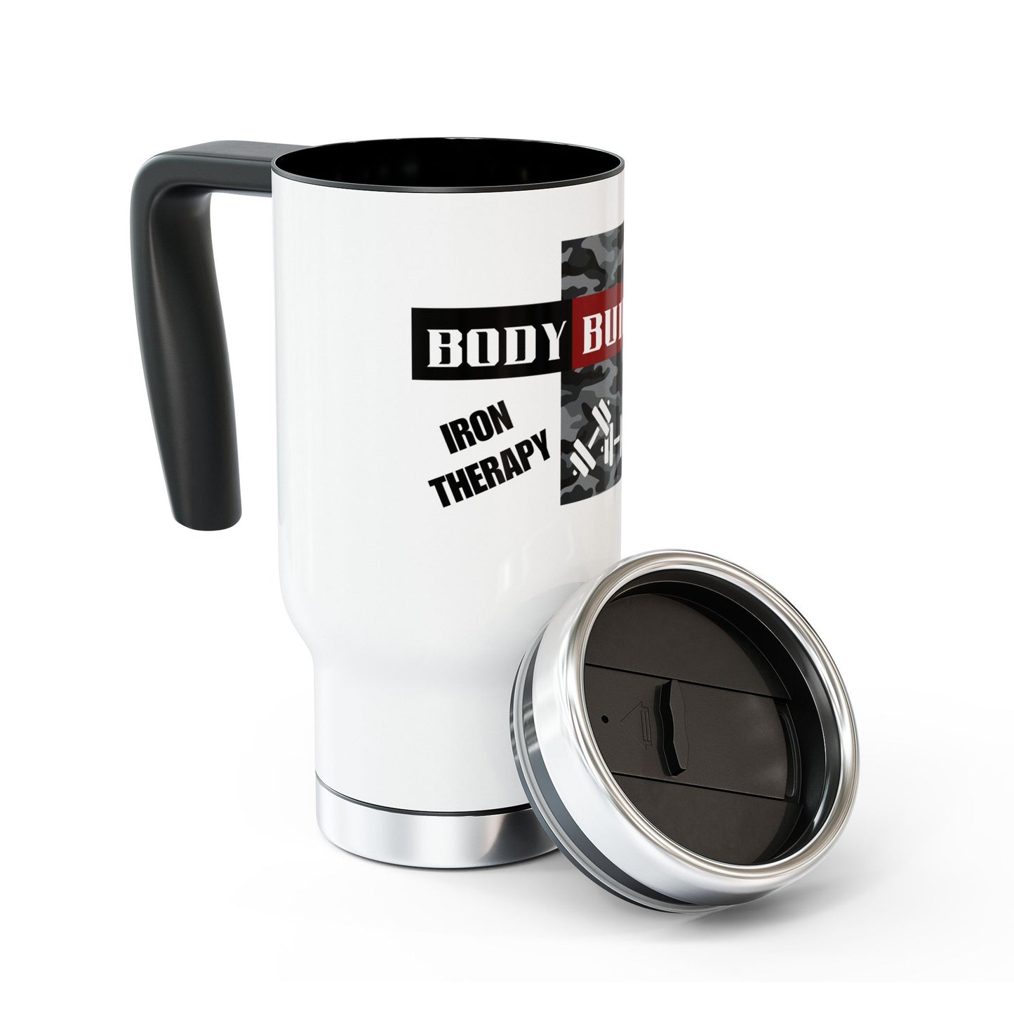 Bodybuilder / Iron Therapy / Stainless Steel Travel Mug with Handle, 14oz